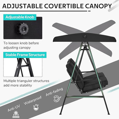 AECOJOY 2-Seat Outdoor Patio Swing Chair with Cover, Porch Swings Chairs for Adult, Outside Swing Bench with Adjustable Canopy&Removable Cushion, Black