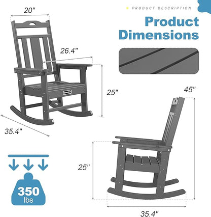 nalone Outdoor Rocking Chairs Set of 2, Oversized Porch Rocker Chair for Adult, All-Weather Resistant Patio Rocking Chair for Garden Lawn(Grey)