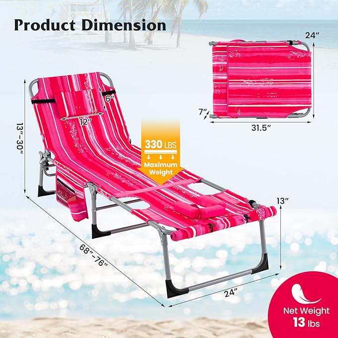 GYMAX Tanning Chair, 330LBS Beach Lounge Chair w/Face Arm Hole & Shoulder Strap, Folding Layout Sunbath Chair, Face Down Outdoor Chaise Lounger for Patio, Poolside, Lawn, Backyard (2, Pink Stripe)
