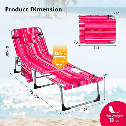 GYMAX Tanning Chair, 330LBS Beach Lounge Chair w/Face Arm Hole & Shoulder Strap, Folding Layout Sunbath Chair, Face Down Outdoor Chaise Lounger for Patio, Poolside, Lawn, Backyard (2, Pink Stripe)