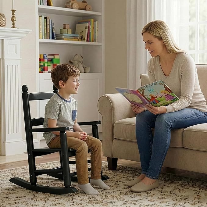 Outvita Kids Rocking Chair, Ergonomic Sturdy Toddler Rocking Chair with High Backrest & Rounded Armrests, Safe Solid Wood Baby Rocker Chair for Age 3-6, Outdoor, Living Room, Reading Room(Black)