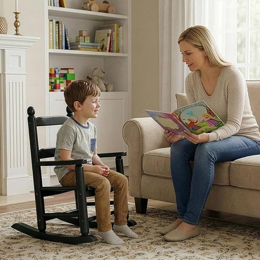 Outvita Kids Rocking Chair, Ergonomic Sturdy Toddler Rocking Chair with High Backrest & Rounded Armrests, Safe Solid Wood Baby Rocker Chair for Age 3-6, Outdoor, Living Room, Reading Room(Black)