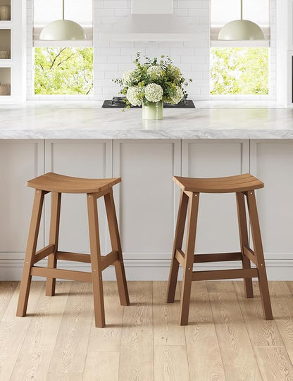 Weatherproof Bar Stools Set of 2, 28" Height Outdoor Bar Stools Holds up to 400 lbs, Saddle Seat, Bar Height Stools for Patio, Garden, and Kitchen Island, Teak