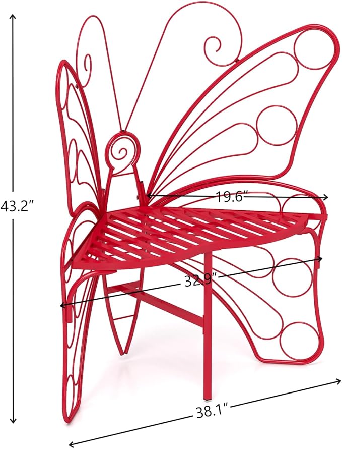Butterfly Shaped Outdoor Bench, Garden Bench with Sturdy Stable Metal Frame, Outdoor Metal Chair Butterfly Bench for Garden, Yard, Balcony, Lawn. (Red/Small)