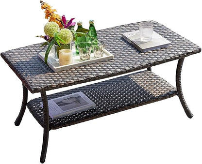 HUMMUH Wicker Patio Coffee Table,Rattan Outdoor Coffee Table with 2-Layer Storage Furniture Tables for Garden,Porch,Backyard