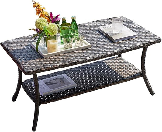 HUMMUH Wicker Patio Coffee Table,Rattan Outdoor Coffee Table with 2-Layer Storage Furniture Tables for Garden,Porch,Backyard