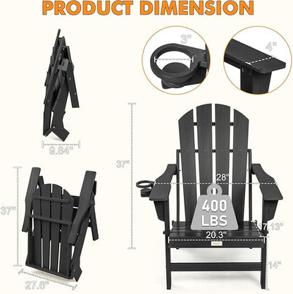 Folding Adirondack Chairs Set of 4, All Weather Stable Gun-Leg Design Fire Pit Chairs with Cupholder for Outside