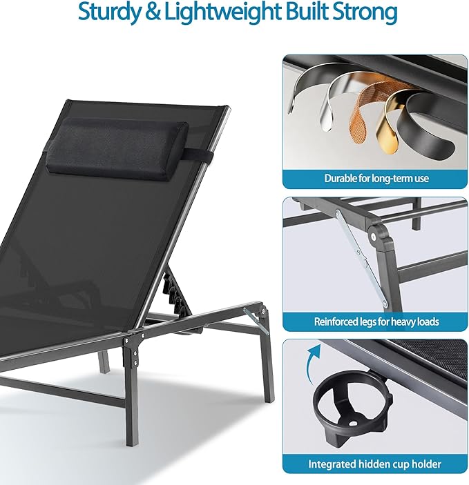 Foldable Outdoor Lounge Chairs Set of 2, No Assembly Chaise Lounge Outdoor with Cup Holder and 6 Adjustable Positions - Photo 5