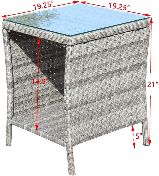 Rattan Side Table with Glass Top, Outdoor Wicker End Table for Patio, Porch, Garden, 19.25" Square, 21" Tall, 120 Lbs Capacity, Weather-Resistant PE Rattan, Easy Assembly