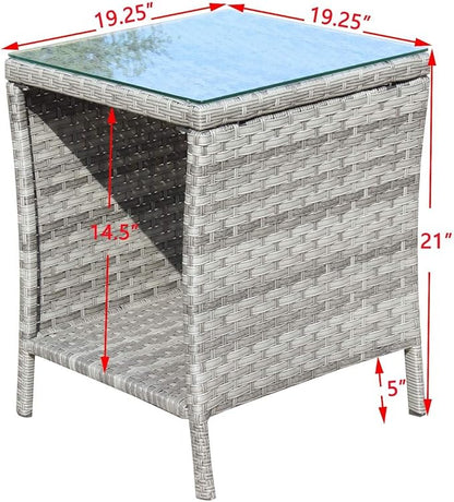 Rattan Side Table with Glass Top, Outdoor Wicker End Table for Patio, Porch, Garden, 19.25" Square, 21" Tall, 120 Lbs Capacity, Weather-Resistant PE Rattan, Easy Assembly