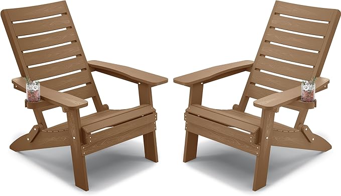 YEFU Adirondack Chair, Folding Adirondack Chairs Set of 2 with Arc Back & Cup Holder, Weather Resistant Plastic Oversized Chair for Outdoor Patio Lawn Garden Backyard Deck Fire Pit, Teak