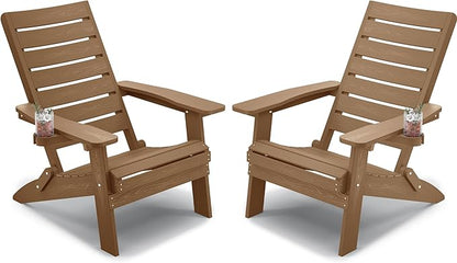 YEFU Adirondack Chair, Folding Adirondack Chairs Set of 2 with Arc Back & Cup Holder, Weather Resistant Plastic Oversized Chair for Outdoor Patio Lawn Garden Backyard Deck Fire Pit, Teak