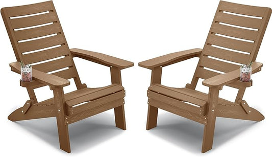YEFU Adirondack Chair, Folding Adirondack Chairs Set of 2 with Arc Back & Cup Holder, Weather Resistant Plastic Oversized Chair for Outdoor Patio Lawn Garden Backyard Deck Fire Pit, Teak