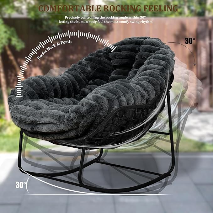 Outdoor Rocking Chair, Patio Wicker Egg Chair, Indoor Comfy Oversized Papasan Chair with Padded Cushion, Royal Rattan Rocker for Front Porch, Garden, Patio (Dark Grey)