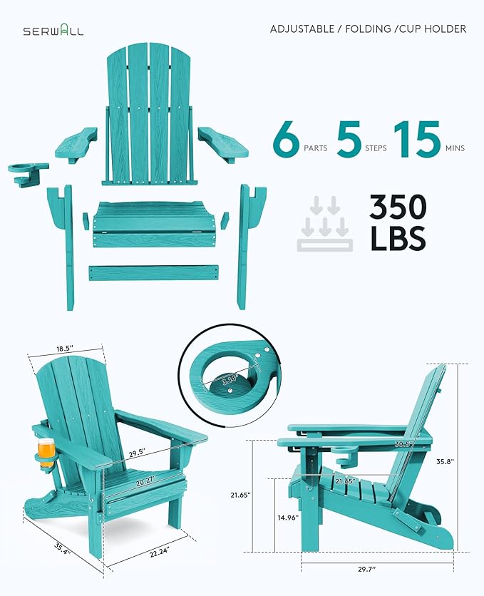 SERWALL Folding Adirondack Chair Set of 2, Adjustable Adirondack Chair with 3 Recline Positions - Photo 4