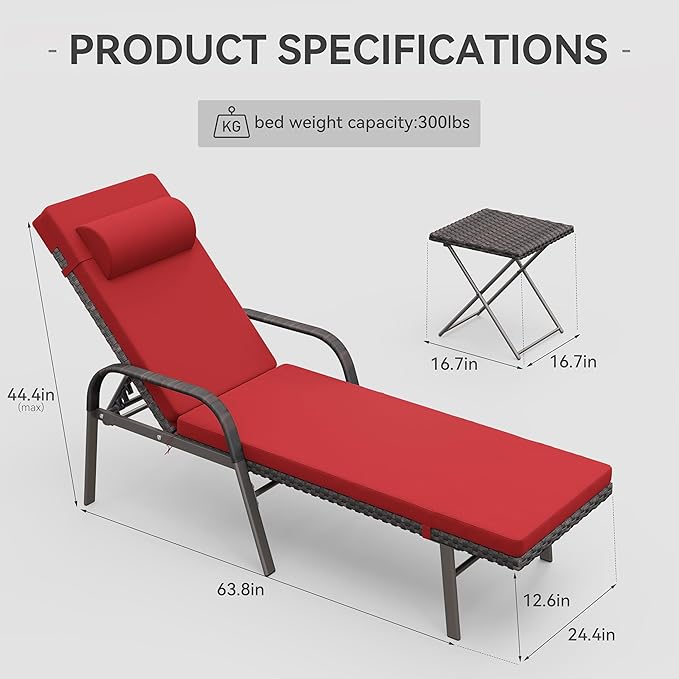 3 Pieces Patio Chaise Lounge Set Outdoor PE Rattan Armrest Lounge Chair Adjustable Backrest Reclining Chair with Folding Table and Cushion for Patio Poolside Backyard Porch Beach(Red)