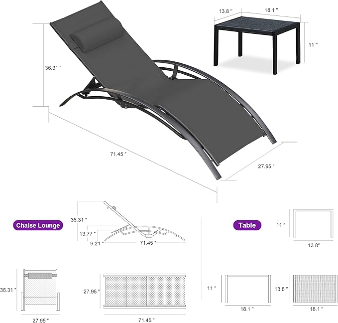 PURPLE LEAF Patio Oversized Chaise Lounge Chair Set with 2 Side Table Pool Adjustable Recliner Chairs for Outside Beach Outdoor Sunbathing Tanning Poolside Lounges