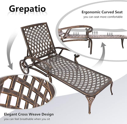 Grepatio Lounge Chairs for Outdoor, Patio Lounge Chaise Cast Aluminum Chairs with Cushion, Chaise Lounge Chair with Adjustable Backrest and Moveable Wheels for Pool Beach (Bronze)