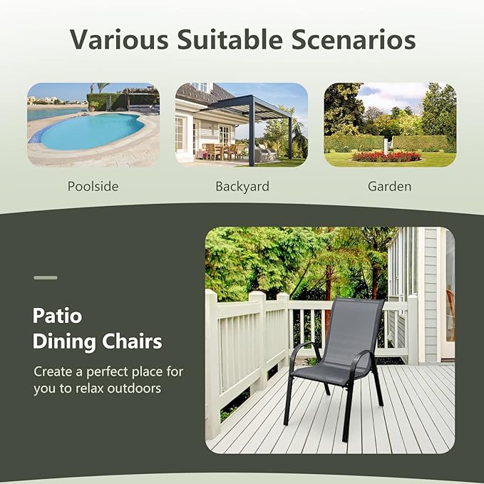 COSTWAY Patio Dining Chairs Set of 4, Stackable Outdoor Chairs with Armrest and High Back, Breathable Fabric & Metal Frame Chair for Garden Poolside Backyard Deck (Grey)