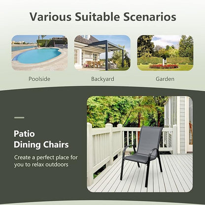 COSTWAY Patio Dining Chairs Set of 4, Stackable Outdoor Chairs with Armrest and High Back, Breathable Fabric & Metal Frame Chair for Garden Poolside Backyard Deck (Grey)