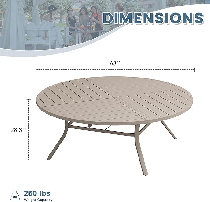 DIFY 63" Round Outdoor Patio Dining Table for 8-10, All-Weather Metal Steel Slatted Patio Table with 1.57" Adjustable Umbrella Hole for Garden, Backyard, Deck, Sandshell