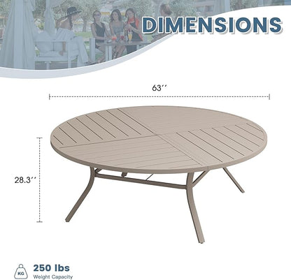 DIFY 63" Round Outdoor Patio Dining Table for 8-10, All-Weather Metal Steel Slatted Patio Table with 1.57" Adjustable Umbrella Hole for Garden, Backyard, Deck, Sandshell