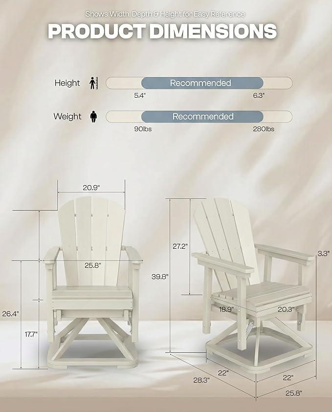 HDPE Swivel Glider Chair Outdoor, Weather Resistant Adirondack Outside Rocking Chair, Wooden Textured Outdoor Swivel Chair Set of 6 for Porch, Balcony, Poolside, Backyard (White)