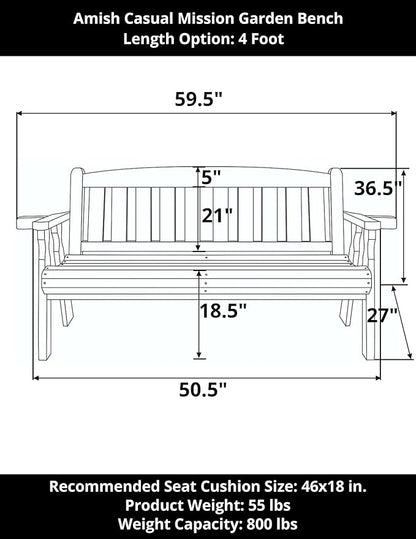 Amish Casual Heavy Duty 800 Lb Mission Treated Garden Bench, 4-Foot, Semi Solid Grey Stain