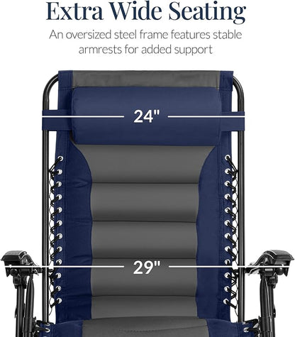 Best Choice Products Oversized Padded Zero Gravity Chair, Folding Outdoor Patio Recliner, XL Anti Gravity Lounger for Backyard w/Headrest, Cup Holder, Side Tray, Polyester Mesh - Navy/Gray