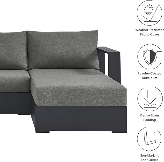 Modway Tahoe Modular Aluminum 3-Piece Outdoor Patio Furniture Gray Charcoal, Right-Facing Sectional Sofa Set with Weather-Resistant Cushions, Ideal for Deck, Backyard, Poolside