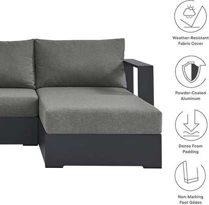Modway Tahoe Modular Aluminum 3-Piece Outdoor Patio Furniture Gray Charcoal, Right-Facing Sectional Sofa Set with Weather-Resistant Cushions, Ideal for Deck, Backyard, Poolside