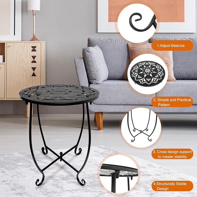 Fashion&cool Patio Side Tables, 14 Inch Weather Resistant Metal Outdoor Side Table for Halloween, Round End Table Side Table for Patio Yard Porch Balcony Garden Bedside, Plant Stand (Black)