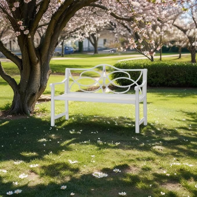 Outdoor Patio Garden Bench, Iron Metal Steel Park Bench with Backrest and Armrest, Slatted Seat for Yard Porch Balcony, Accommodates 2-3 People, White