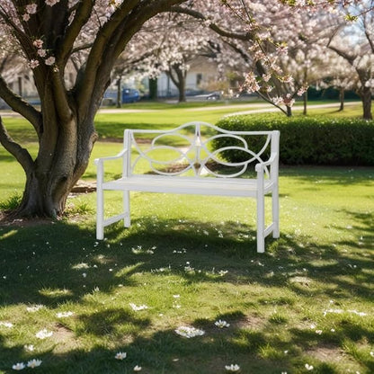 Outdoor Patio Garden Bench, Iron Metal Steel Park Bench with Backrest and Armrest, Slatted Seat for Yard Porch Balcony, Accommodates 2-3 People, White