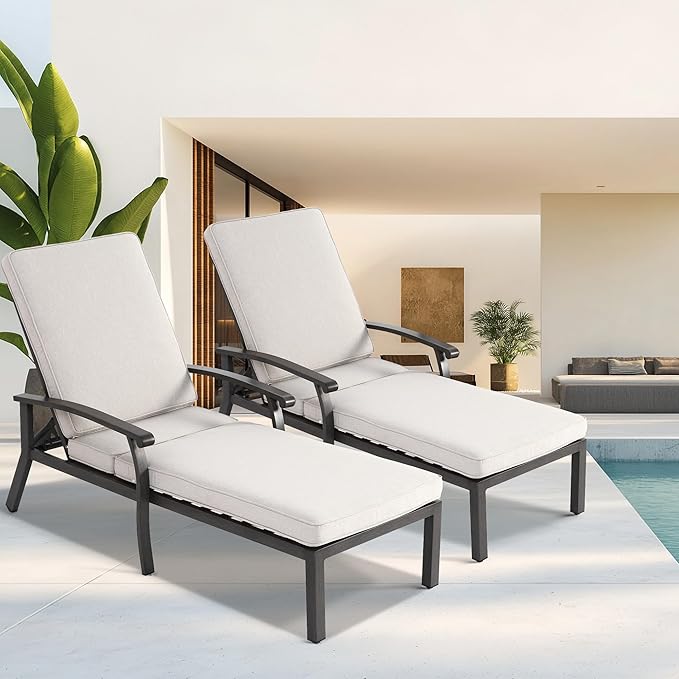 Chaise Lounge Chair Outdoor with Wheels, Cast Aluminum Tanning Chair with Beige Cushion - Photo 1