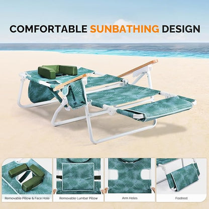 Bonnlo Deluxe 3-in-1 Beach Chair,Tanning Chair with Face Hole,Sunbathing Lounge Chair Outdoor,Adjustable Footrest,Cup Holder and Storage Pocket,Beach Lounge for Beach Pool Patio-Leaf
