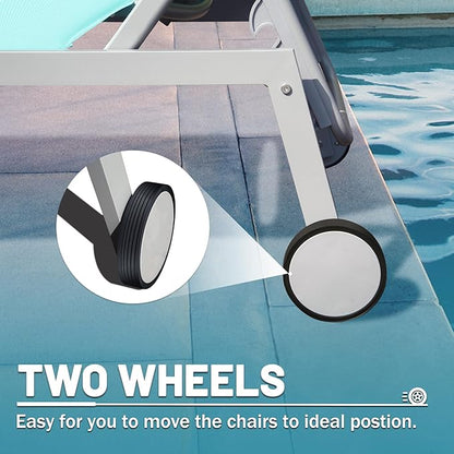 Domi Patio Chaise Lounge Set of 3, Outdoor Lounge Chair, Aluminum Textilene Padded 5 Position Pool Lounger, Stackable Lounge Chair w/Headrest, Wheels, Side Table, for Beach Backyard Lawn, Turquoise