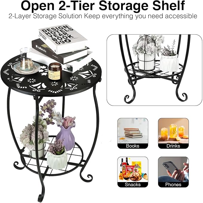 25 Inch High Patio Side Table, 18 Inch Wide Round Metal Side Table, Weather Resistant Anti-Rust Outdoor Side Table for Living Room Sofa Couch, Easy Assembly Bistro Table End Table Drink Table