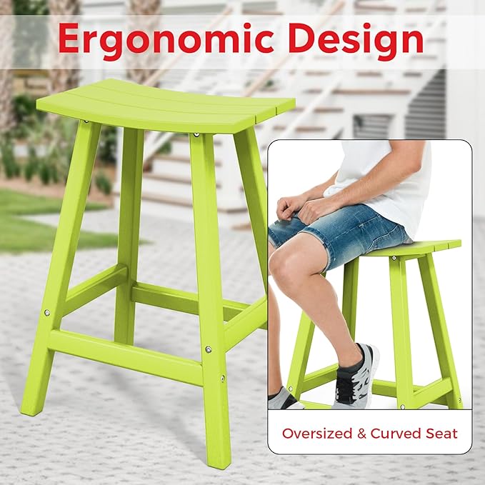 Costaelm All-Weather Bar Stools Set of 3, 24" Height Outdoor Bar Stools, Adirondack Poly Patio Bar Stool for Patio, Deck, Kitchen Counter and Garden, Lime