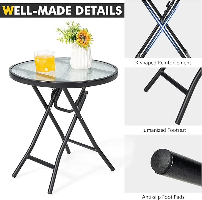 Giantex Folding Side Table, Round Small Patio Table, Tempered Glass Tabletop, Steel Frame, Weather-Resistant Outdoor Indoor Use for Bistro Porch Garden Balcony (Classic Round, 18"x18"x18.5")