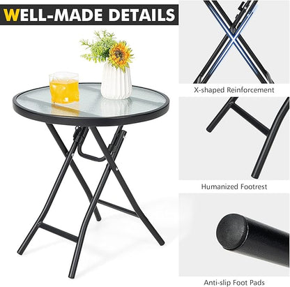 Giantex Folding Side Table, Round Small Patio Table, Tempered Glass Tabletop, Steel Frame, Weather-Resistant Outdoor Indoor Use for Bistro Porch Garden Balcony (Classic Round, 18"x18"x18.5")