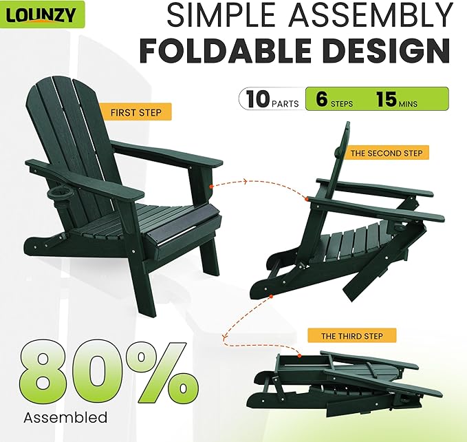 LOUNZY Folding Adirondack Chair Set of 2, Green - Photo 4