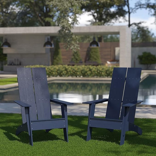 Flash Furniture Set of 2 Sawyer Modern 2-Slat Back Adirondack Chairs - Navy Blue All-Weather Poly Resin Lounge Chairs