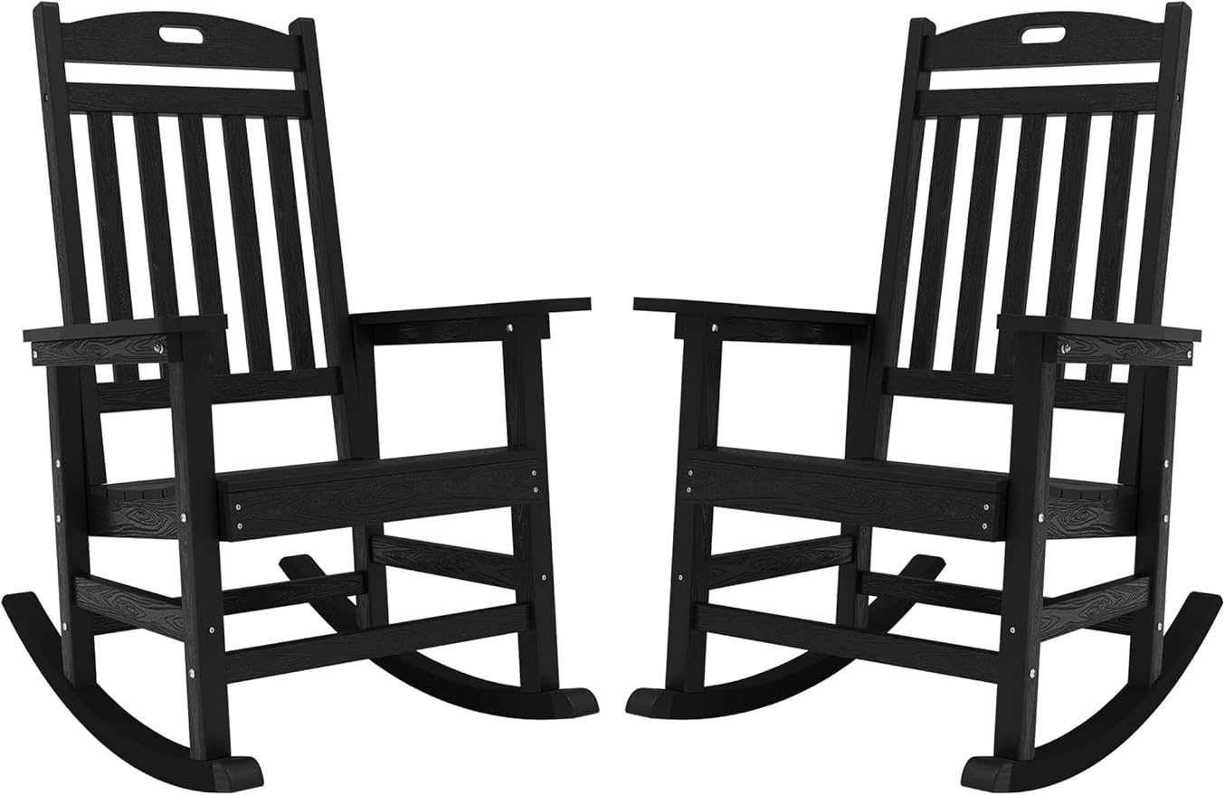 YEFU Outdoor Rocking Chairs Set of 2: Porch Rocking Chairs-Outdoor Patio Rockings Chair-Oversized Rocker Chair-All Weather Poly Rocker Lawn Chair for Adult-Seat Area 22"x21"-Backrest Height 31"-Black