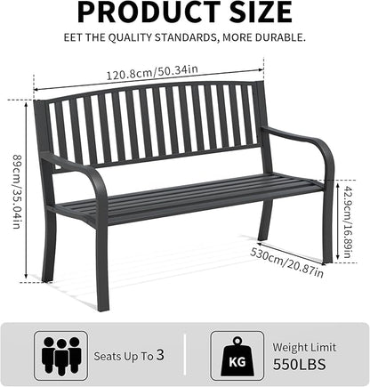 Metal Bench Patio Bench, Outdoor Benches Weatherproof with Slat Backrest, Wrought Iron Garden Benches for Outdoors, Patio, Garden, Park, 2 Pack