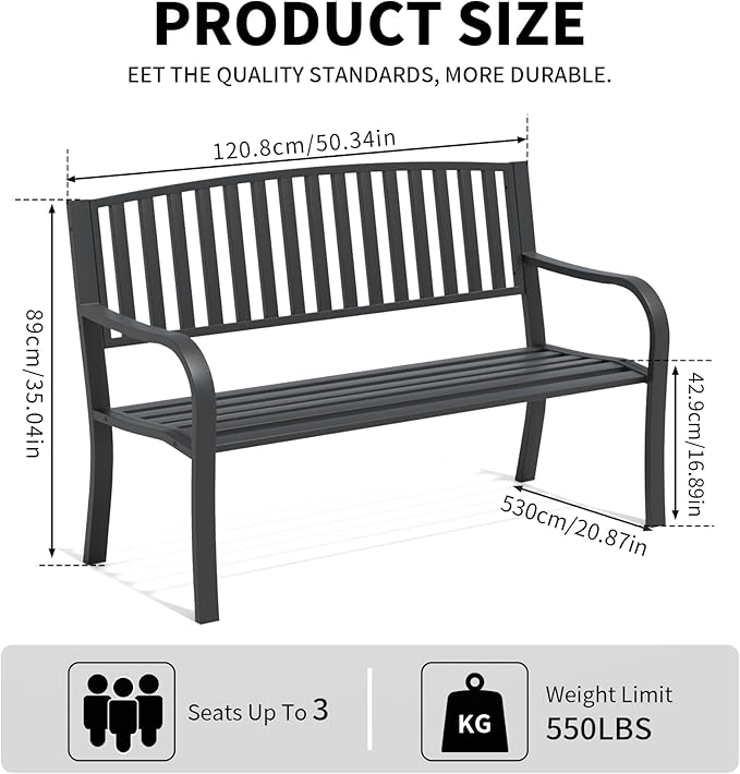 Metal Bench Patio Bench, Outdoor Benches Weatherproof with Slat Backrest, Wrought Iron Garden Benches for Outdoors, Patio, Garden, Park