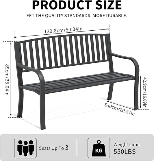 Metal Bench Patio Bench, Outdoor Benches Weatherproof with Slat Backrest, Wrought Iron Garden Benches for Outdoors, Patio, Garden, Park