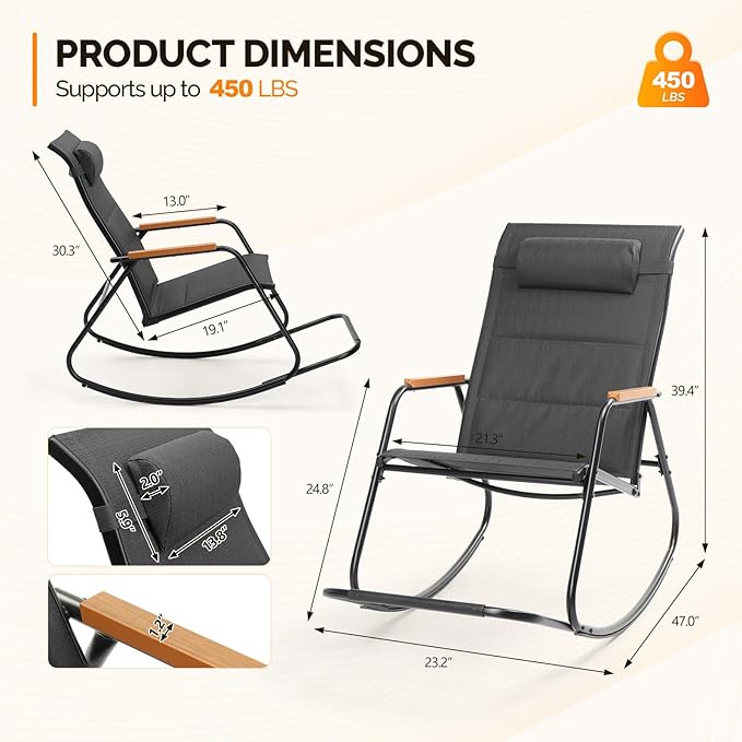 VINGLI Outdoor Rocking Chair, 450lbs Capacity Portable Outdoor Rocker with Footrest, Hard Armrests, Pillow, All Weather Porch Rocker for Garden, Living Room, Patio, Lawn (Black, with footrest)
