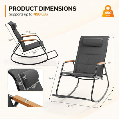 VINGLI Outdoor Rocking Chair, 450lbs Capacity Portable Outdoor Rocker with Footrest, Hard Armrests, Pillow, All Weather Porch Rocker for Garden, Living Room, Patio, Lawn (Black, with footrest)
