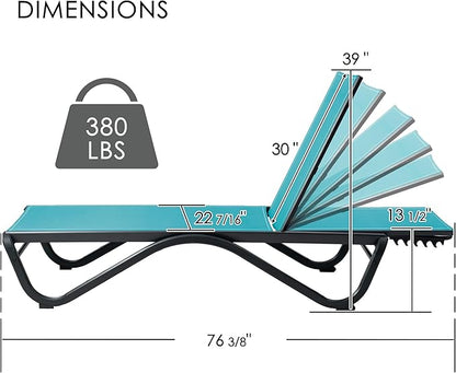 Kozyard Outdoor Chaise Lounge Chair, Full Aluminum Frame and Textilene Fabric, Adjustable Reclining Patio Lounger for Poolside, Sunbathing & Backyard (Aqua)